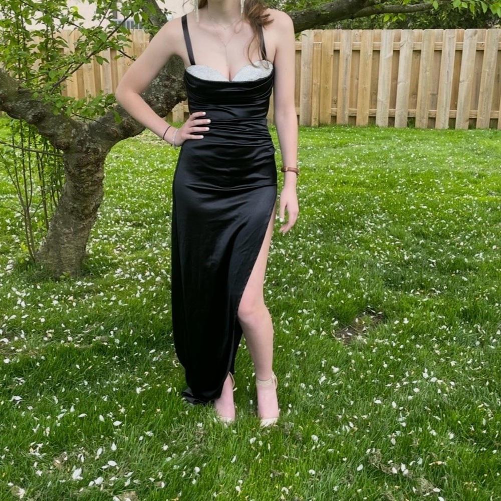 Lucy In The Sky Black Satin Cowl Neck Slit Evening Dress